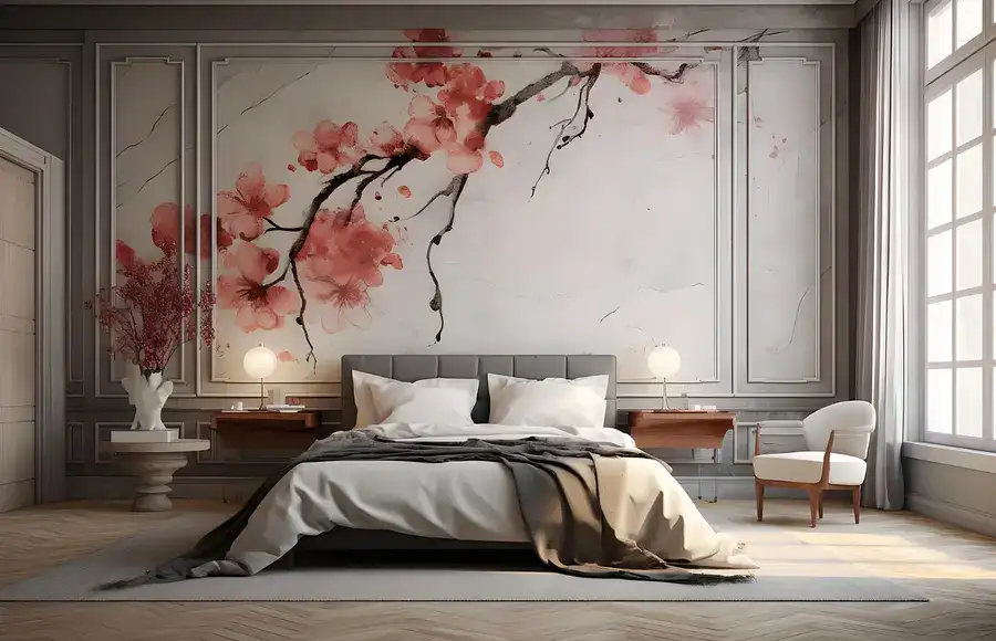 Hotel Room with Japanese Cherry Blossom Wallpaper on the wall
